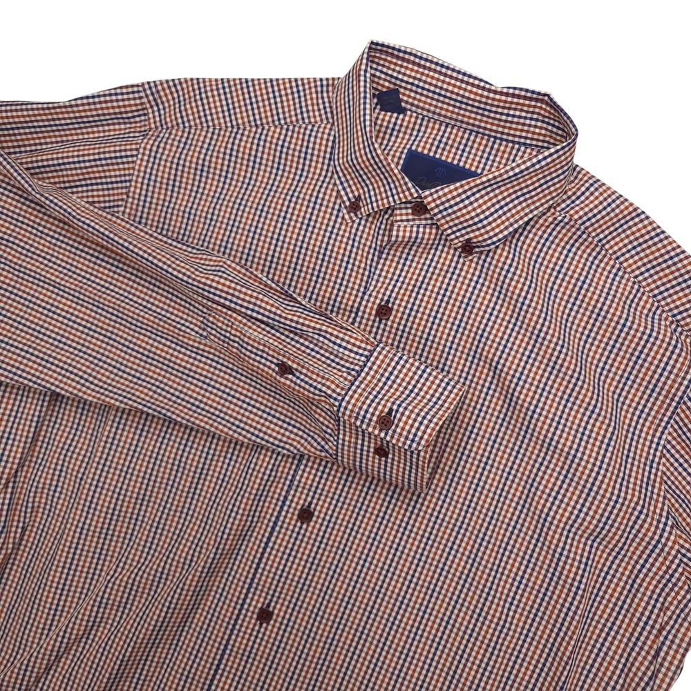 David Donahue Fusion Dress Shirt Mens 17.5 34/35 Orange Blue Check Regular Fit